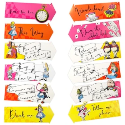 Image of Talking Tables 12 x Reusable Alice in Wonderland Party Signs, Hanging Decoration for Mad Hatters Afternoon Tea Kids Birthdays Onederland Birthday Wedding Signage Posts