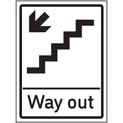 Image of V Safety Way Out Arrow Down Stairs Left Sign 150x200mm Self Adhesive Aluminium Effect