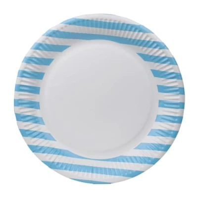 Image of Talking Tables 8 x Blue Stripy Paper Party Plates for Birthday, Solid Colour Disposable Round Dishes, BBQs, Picnic, Kids Baby Showe 23cm 9inch
