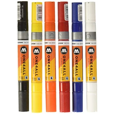 Image of Molotow One4All Acrylic Twin Marker (Basic Set 1, Stroke Width 1.5 mm and 4 mm, High Coverage Permanent), 6 Pieces Assorted