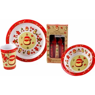 Image of Christmas 4 Piece Melamine Kid&#039;s Dinner Set Plate Bowl Cup Metal Cutlery