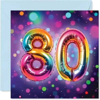 Image of 80th Birthday Cards for Men Women Rainbow Foil Balloon Happy Card 80 Year Old Man Woman Nanny Nan Auntie Dad, 145mm Bday Greeting