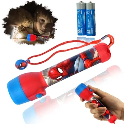 Image of HOVUK Marvel Spiderman LED Flashlight Torch 16cm, Big with Attached Lanyard, Bright Night Light Toy for Kids, Kids Traveling, Summer Games 3+Years