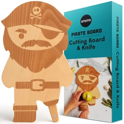 Image of OTOTO Cutting Board Wooden &amp; Plastic Boards for Kitchen, Fun Spooky Kitchen Gadgets, Housewarming Goth Gifts, Dishwasher Safe (Pirate, Wood)
