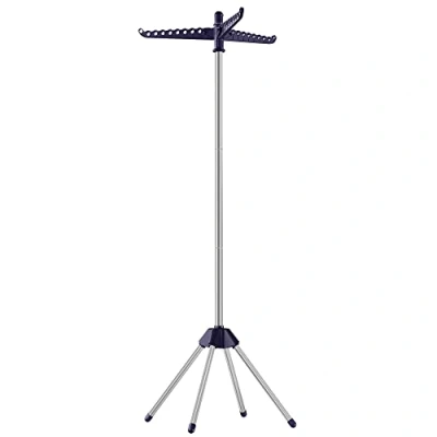 Image of SONGMICS Clothes Airer, Drying Rack with 3 Rotatable Arms for Hangers, 4 Leg Indoor Folding Laundry Rack, Stainless Steel, 27 Pieces of Clothes, 151.5 cm High, Blue and Silver LLR510Q01