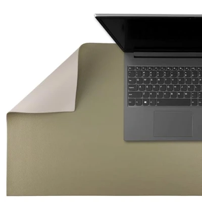 Image of Smart Desk Pad 80 x 40 cm Large Mat in PVC Leather Office Writing Protection, Double Sided, Beige/Olive Green