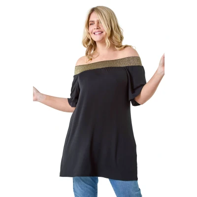 Image of Roman Curve Womens Shimmer Stretch Shirred Bardot Top Black Size UK 30 32