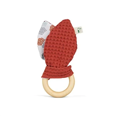 Image of GRÜNSPECHT Organic Grabber Ring with Rabbit Ears, Wooden Washable Fabric Ears Made of 100% Cotton (kbA), for Grip &amp; Touch, Gift Toy Baby, Red (696 V2)