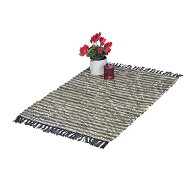 Image of Relaxdays Boho Runner Rug, Cotton and Leather, 60x100 cm, Khaki