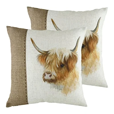 Image of Evans Lichfield Hessian Cow Twin Pack Polyester Filled Cushions, White, 43 x 43cm