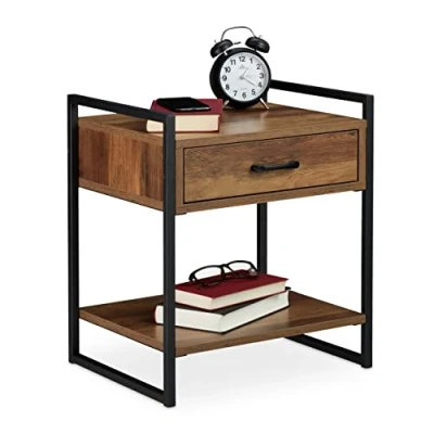 Image of Relaxdays Night Stand, Side Table, Drawer, H x W D: approx. 49 43 38 cm, Metal, Natural/Black, Fibreboard