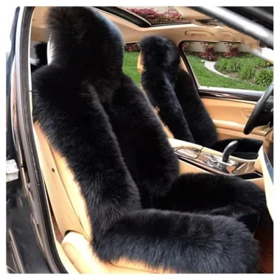 Image of QMMD 2 Pcs Luxurious Sheepskin Long Wool Front car Seat Covers Pad Mat Universal Fit Soft, fluffy, warm, for winter most SUV Trucks,Black