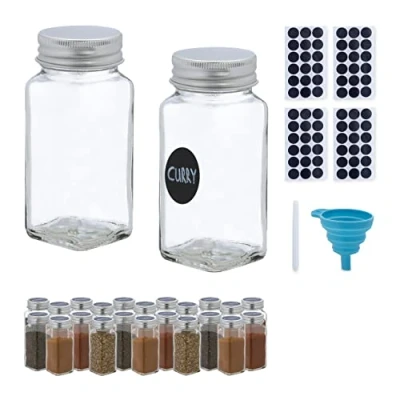 Image of Relaxdays Spice Jars, Set of 24, Sprinkling Insert, Glass Herb Containers, 120 ml, Labels, Pen &amp; Funnel, Transparent