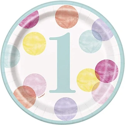 Image of Unique Pink Dots 1st Birthday Round Dessert Plates (17cm) Stunning Polka Dot Design Perfect for an Unforgettable Celebration 8ct