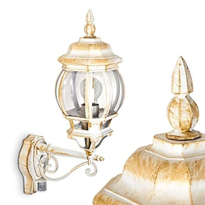 Image of Outdoor wall lamp Lentua with motion detector, light upwards in antique look, cast aluminium white/gold plastic discs, for terrace/yard, E27 socket, retro/vintage, without bulbs