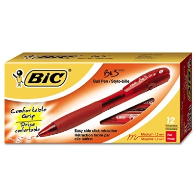 Image of BIC BU3 Grip Retractable Ball Pen, Medium Point (1.0mm), Red, 12 Count