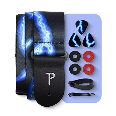 Image of Perri&#039;s Leathers Ltd. Guitar Strap Bundle Polyester Blue Lightening BONUS 3 Medium 0.71mm Picks, 1 Leather Acoustic Adaptor, 4 Locks &amp; Shoelace (LPCP 46 PKG)