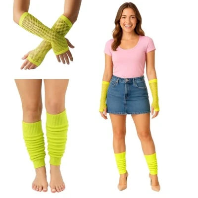 Image of FNA Fashions Womens Neon Long Fishnet Gloves and Leg Warmers Ladies Fancy Hen Night 80’s Party Novelty Dress (Long Gloves+Leg Warmer, Yellow)