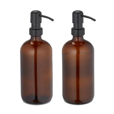 Image of Relaxdays Glass Soap Dispenser, Set of 2, Stainless Steel Pump Head, Refillable, Bathroom, Kitchen, 500 ml, Brown