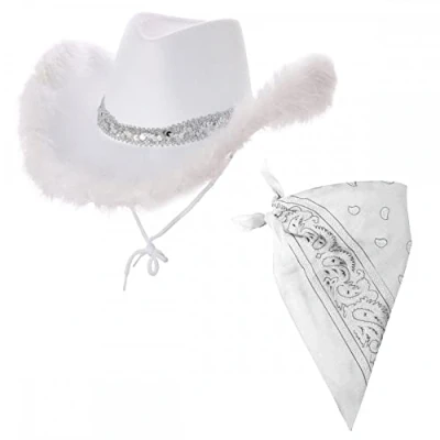Image of Adult Ladies White Sequin &amp; Feather Texan Cowboy Hat + Bandana : Wild West Cowgirl Hen Night Fancy Dress Accessory