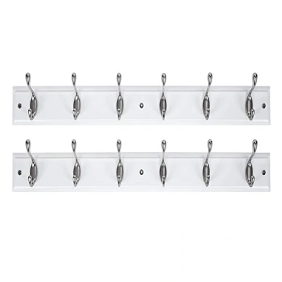 Image of DOKEHOM [2 Pack 6 Satin Nickel Hooks on White Wooden Board Wall Mounted Coat Hook Rack Hanger