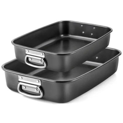 Image of LS Kitchen Set of 2 Rectangular Baking Dish Oven Roasting Pan with Handles Universal Tray Trays Dishes Non Stick Coating Carbon Steel