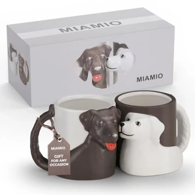 Image of MIAMIO Dog Mug Ceramic Cute Coffee Cups 300 ml, 3D Set of 2 Dad Mugs &amp; Mom Mug, for Lovers Ideal Gifts/Gifts