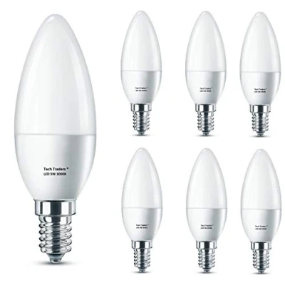 Image of LED E14 Small Edison Screw Candle Light Bulb, Tech Traders C37 Warm White Bulbs,3000K 5W Equivalent to 50W Incandescent 400 Lumen, Non Dimmable, 160Beam Angle, 6 Pack
