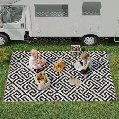 Image of Outsunny 182 x 274 cm(6x9ft) Outdoor Rug Reversible Mat Plastic Straw Portable RV Camping for Garden Deck Picnic Indoor, Black &amp; White
