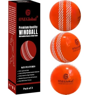 Image of ONEGlobal Premium Windball Soft Cricket Ball Durable, Colour Seam, Realistic Bounce &amp; Swing Wind for Indoor Outdoor Coaching, Practice, Garden Beach (3Pack ORANGE)