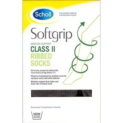 Image of Scholl Softgrip Medium Support Class II Ribbed Socks 2 for Men or Women Black, Medium. Treatment Varicose Veins, Legs Ulcers and Improving Circulation
