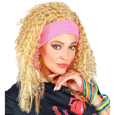 Image of WIDMANN 04439 Adult Ladies Wig 80s Perm Fashion with Neon Pink Headband. Fancy Dress accessory, World Book Day, Halloween, Carnival, Glam Rock