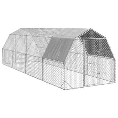 Image of vidaXL Chicken Coop with Roof 2.5x8x2.25 m Galvanized Steel Outdoor Animal Cage/Poultry Pen for Chickens, Rabbits, Ducks