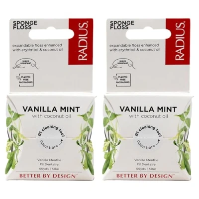Image of RADIUS Vanilla Mint Dental Floss 55 Yards Vegan &amp; Non Toxic Oral Care Boost Designed to Help Fight Plaque Pack of 2