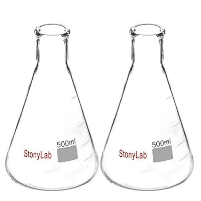 Image of stonylab 2 Pack Glass 500ml Heavy Wall Narrow Mouth Erlenmeyer Flasks with Duty Rim (500ml Fits 7# Rubber Stopper)