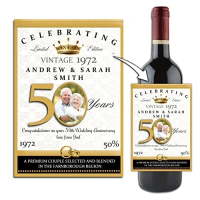 Image of Personalised Golden 50th Wedding Anniversary Wine/Champagne Bottle Photo Label Gift Present Idea N102