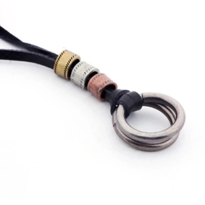Image of DonDon Men&#039;s Necklace Leather with Ring Pendant in a Black Velvet Gift Bag
