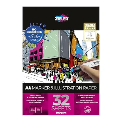 Image of Artists Marker &amp; Illustration Pad A4 100gsm 32 Sheets of Ultra Smooth, Coated, High White Paper Bleedproof by Zieler®.