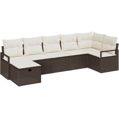 Image of vidaXL 7 Piece Garden Sofa Set with Cushions Brown Poly Rattan