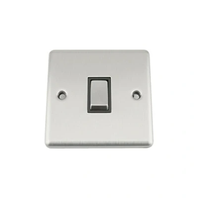 Image of A5 Wall Light Switch Single 1 Gang Satin Brushed Chrome Classic Black Insert Metal Rocker Switches 10A 2 Way