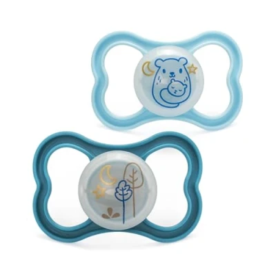 Image of MAM Air Night Soothers 16+ Months (Pack of 2), Glow in the Dark Baby with Self Sterilising Travel Case, Newborn Essentials, Blue, (Designs May Vary)