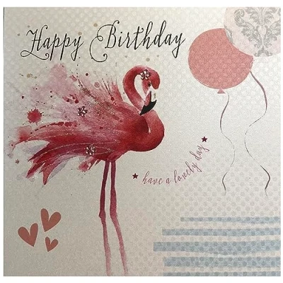 Image of White Cotton Cards Flamingos Happy Birthday Handmade Card, BD81 NEW,16cm x 16cm