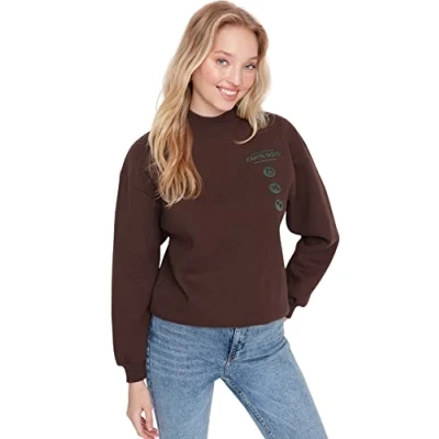 Image of Trendyol Women&#039;s Crew neck Plain Fitted Sweatshirt, Brown, XS