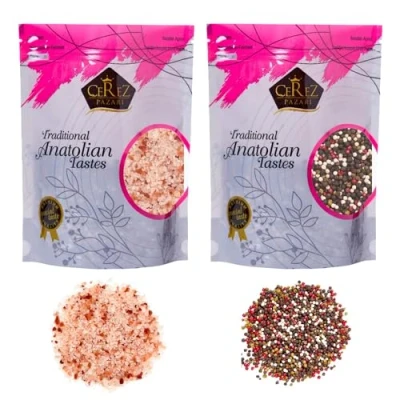Image of Cerez Pazari Rainbow Peppercorn Blend 200g and Himalayan Pink Salt (Coarse Grain) 650g, Whole Black, Pink, Green, White Color Pepper For Grinders Refills