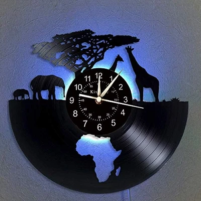 Image of Vinyl Wall Clock, Africa Safari animals 7 Color Night Lamp Retro South African animal Gifts Handmade Home Decor,A,With light