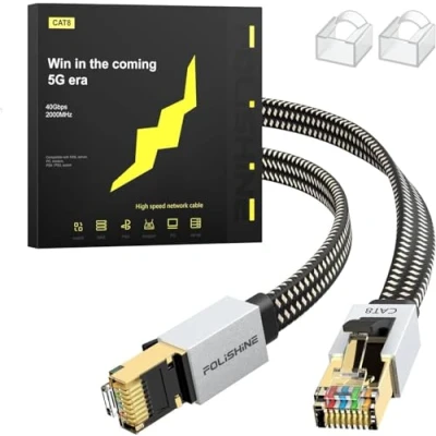 Image of Folishine Ethernet Cable 4m, Cat 8 High Speed Network Cable, 40Gbps 2000Mhz RJ45 Flat Shielded, Indoor&amp;Outdoor for Modem/Router/switch