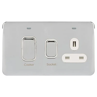 Image of Schneider Electric Lisse Screwless Deco Switched Cooker Control Unit with Single Power Socket, Double Pole, Neon Indicator, 45A, GGBL4001WPC, Polished Chrome White Insert