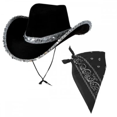 Image of Black Texan Cowgirl Hat With Sequins + Bandana : Adult Ladies Hen Night Wild West Cowboy Music Festival Pop Tour Fancy Dress Accessory