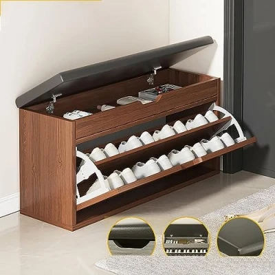 Image of Shoe Rack Bench Storage Organizer With Seat,Leather Entryway Seat Cabinet, Freestanding Rack,Home Cabinet for Hallway