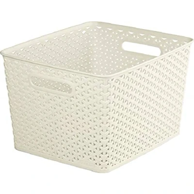 Image of Curver My Style Rattan Effect Kitchen, Living room, Bathroom, Bedroom, Utility Large Rectangular Storage Baskets 18L White